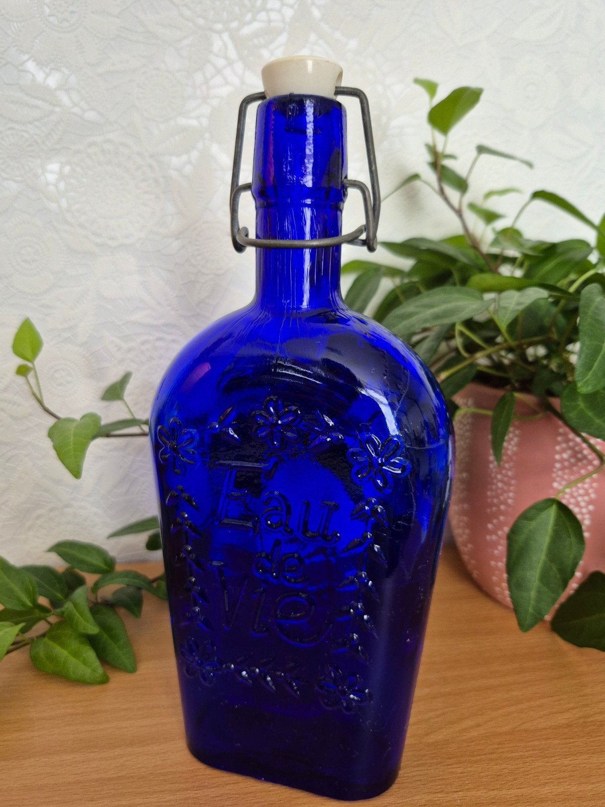 Vintage Kobaltblauwe Eau de Vie Fles Beugelfles 500 ml., Ophalen of Verzenden