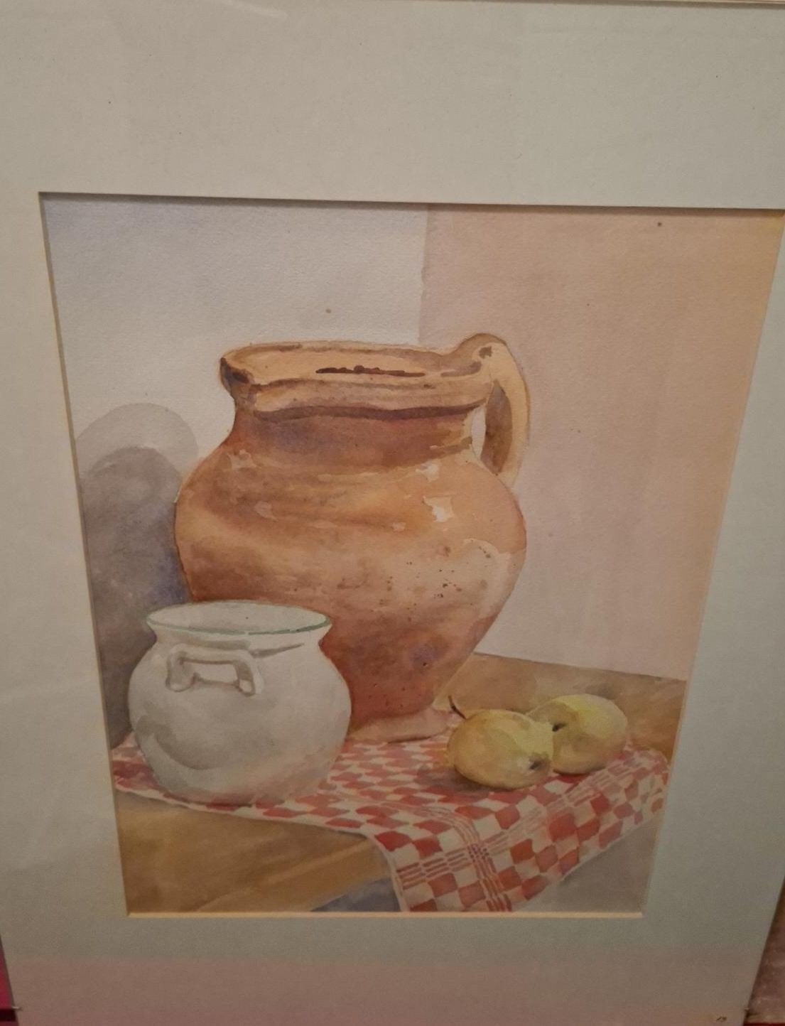 Stilleven met kruik, pot en appels - Aquarel, Ophalen, Stilleven, Ingelijst, Papier