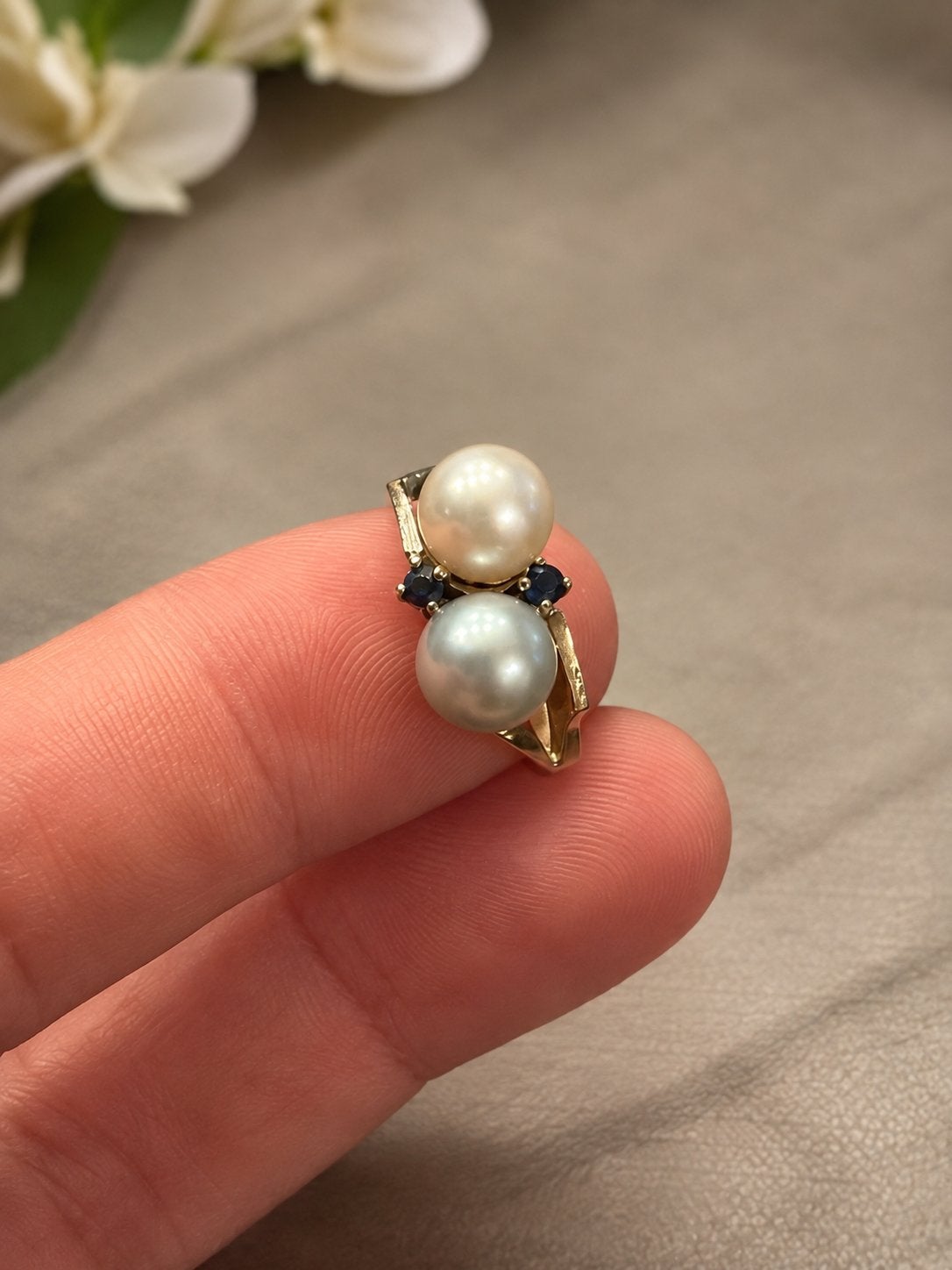 Vintage 14k Gouden Ring met Parels en Saffieren, Gebruikt, Ophalen of Verzenden, Met edelsteen, Dame