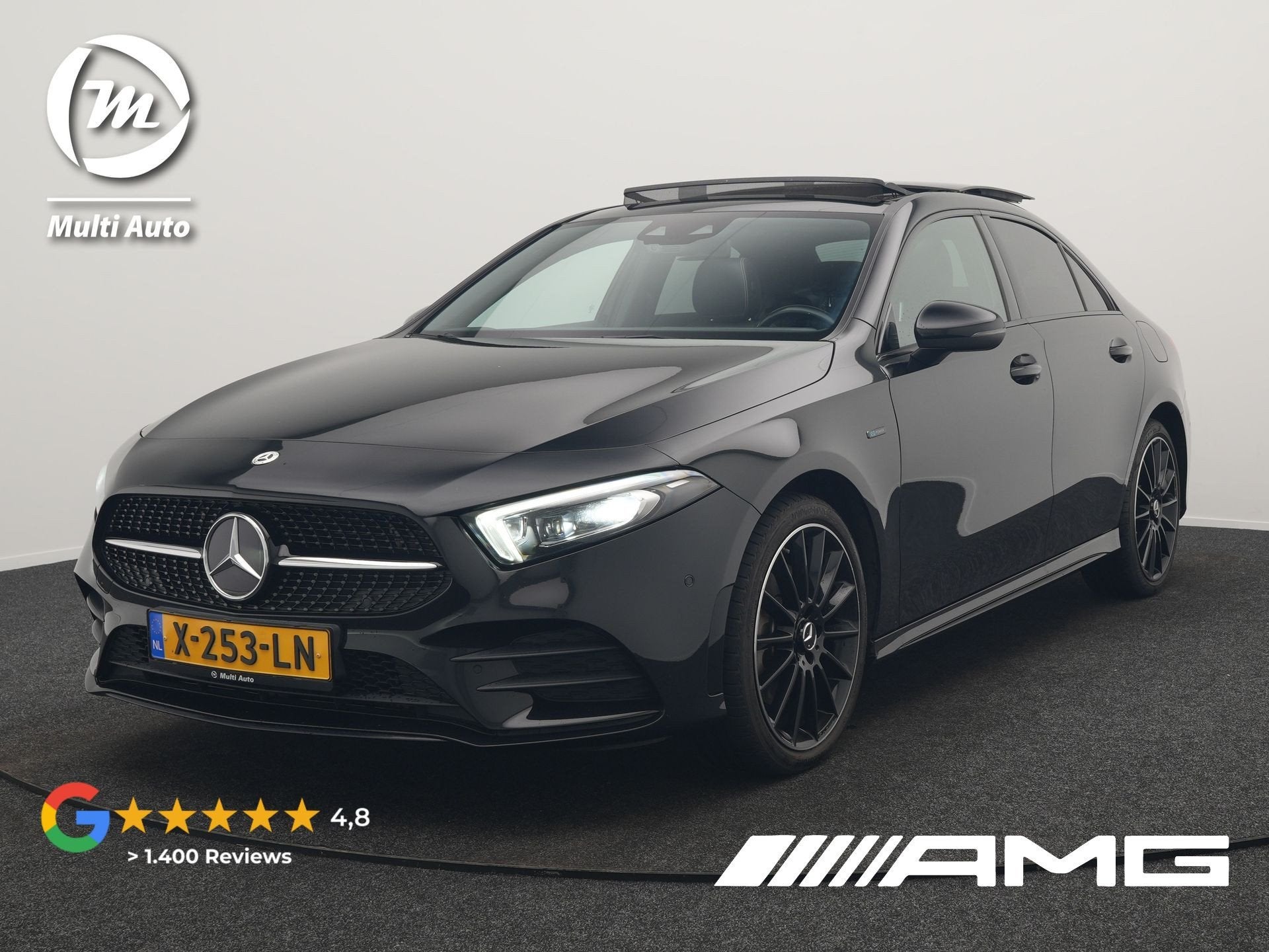 Mercedes-Benz A-Klasse 250 e AMG Line PHEV 218pk | Panodak |, Auto's, Gebruikt, 4 cilinders, Zwart, Bedrijf