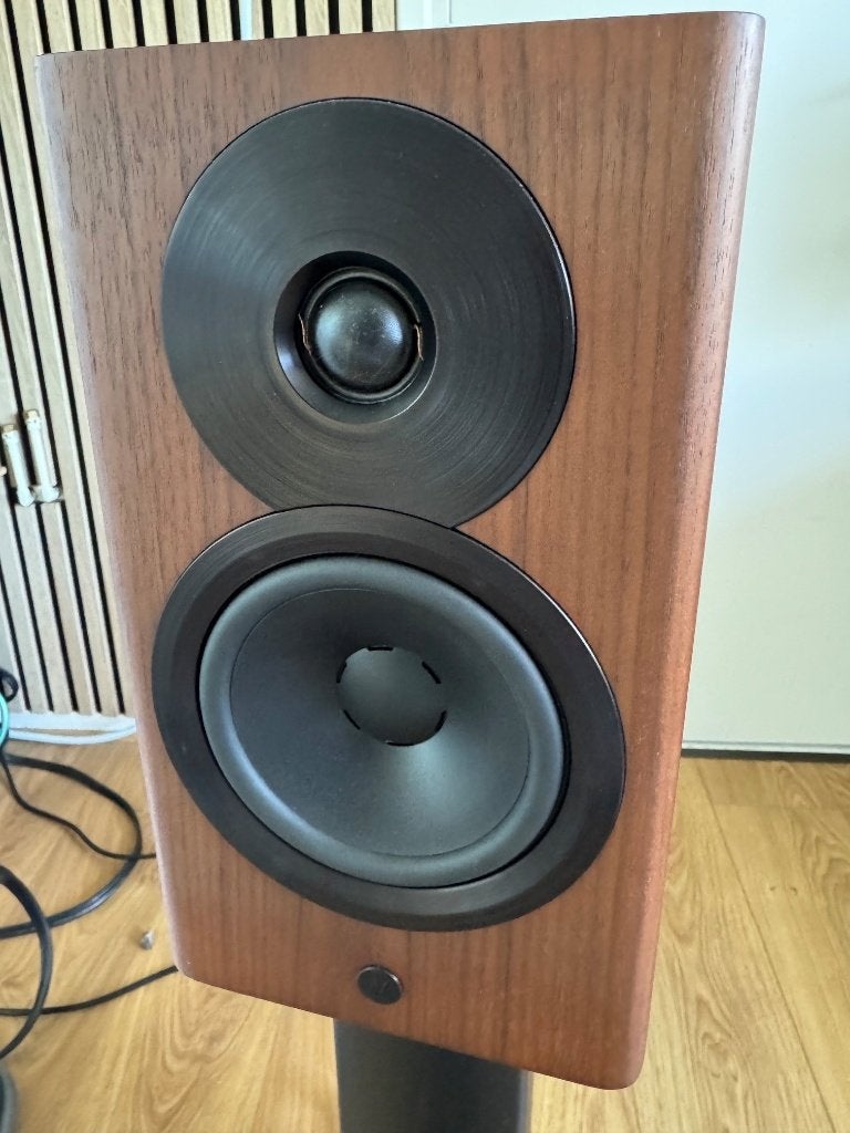 Dynaudio Focus 10 Walnut + originele Dynaudio Stand 20, Slimme speaker, Gebruikt, Ophalen of Verzenden, Inclusief kabels