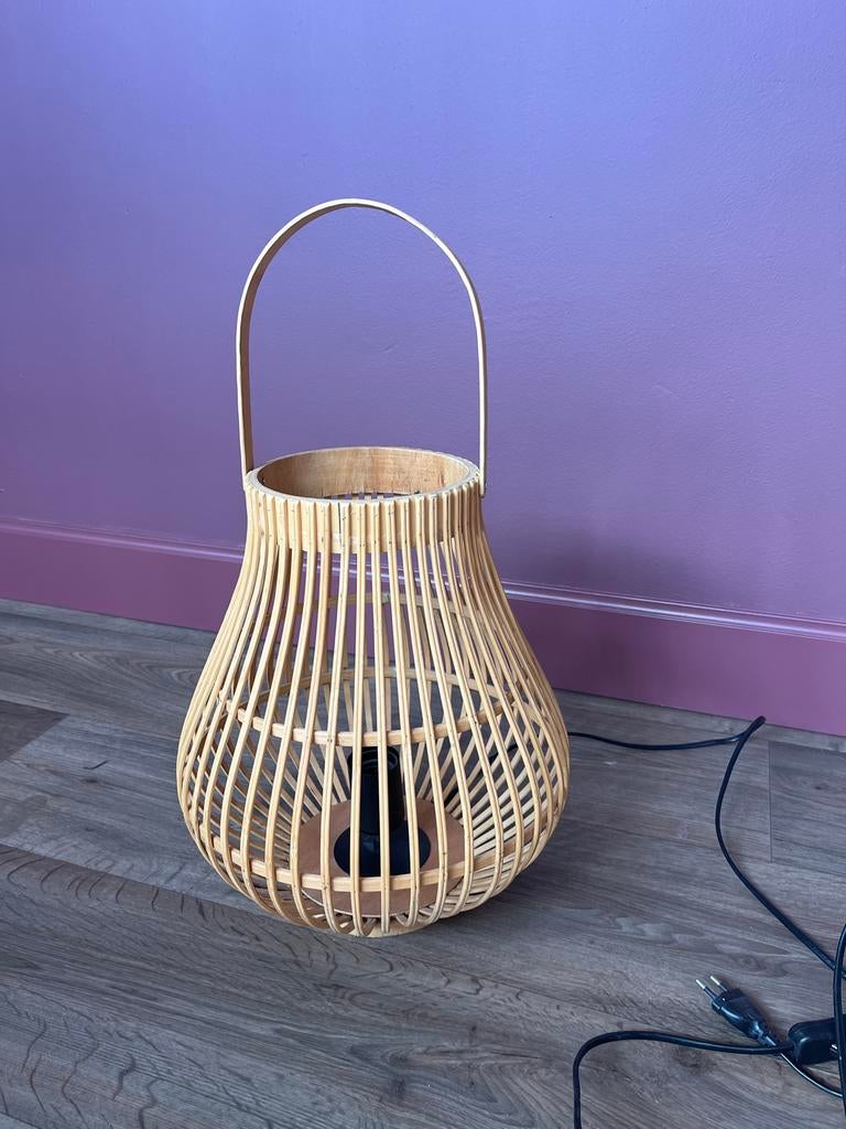 Bamboe lantaarn vloerlamp met handvat, Ophalen of Verzenden, Zo goed als nieuw, Minder dan 50 cm
