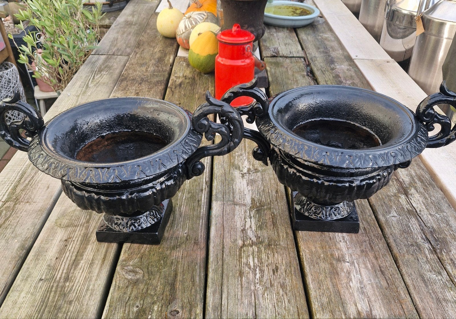 Prachtige antieke set gietijzeren tuinvazen., Tuin en Terras, Ophalen of Verzenden