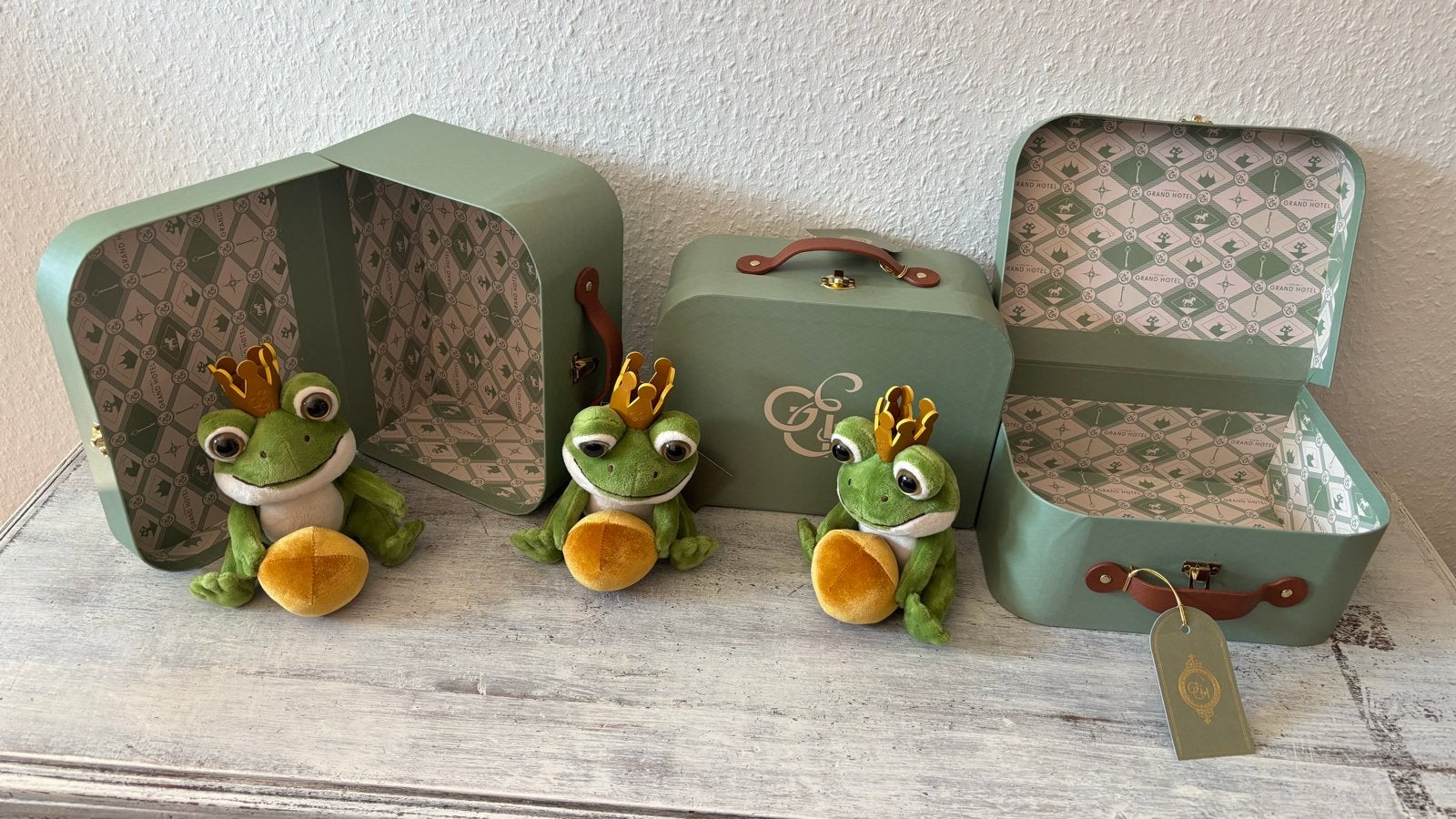 Efteling Grand Hotel kikkerknuffels - 3 koffers & 3 knuffels, Ophalen of Verzenden, Nieuw, Button of Speldje