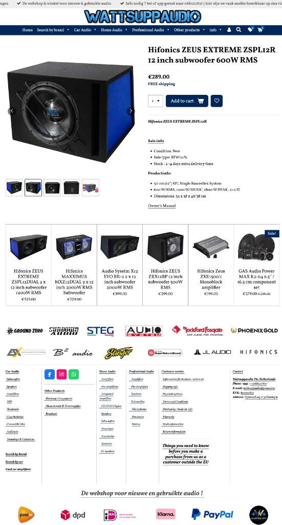 Hifonics ZEUS EXTREME ZSPL12R 12 inch subwoofer 600W RMS, Auto diversen, Autospeakers, Audio Design, Nieuw, Am Breilingsweg 3, 76709 Kronau, Duitsland