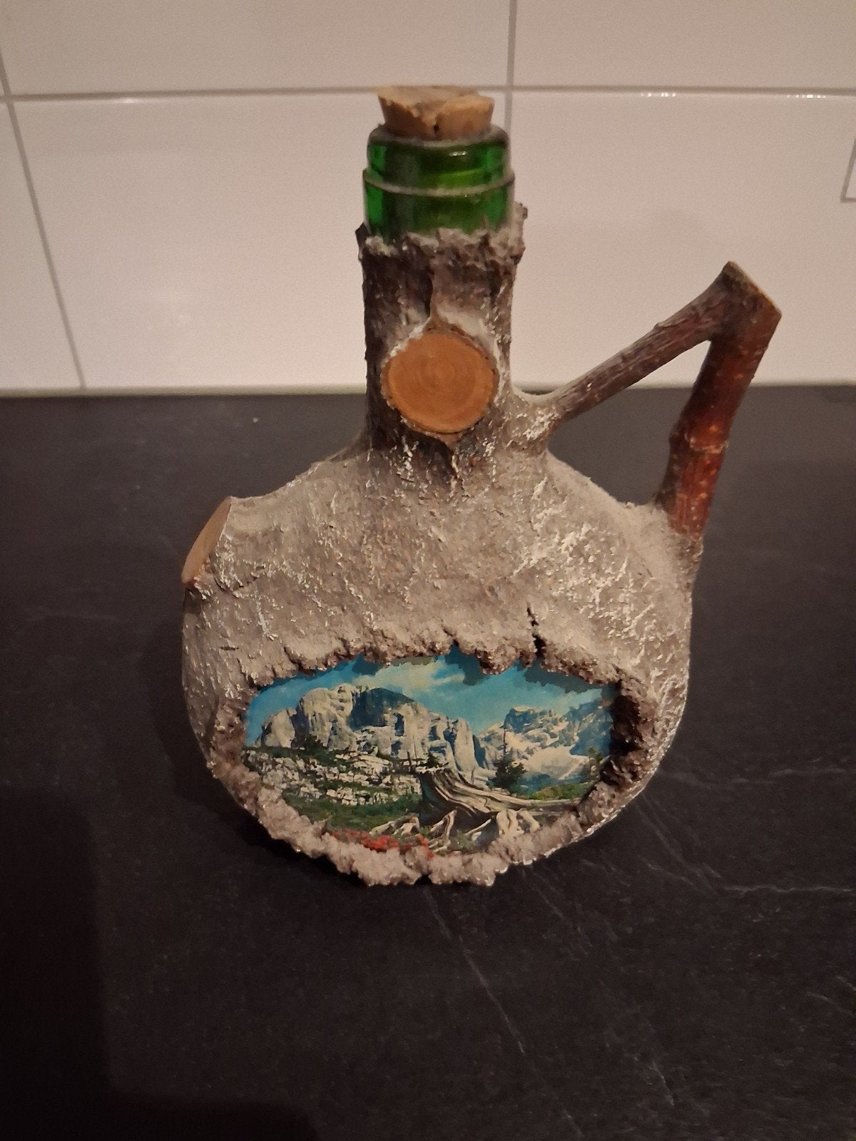 Vintage houten fles met berglandschap decoratie, Ophalen of Verzenden