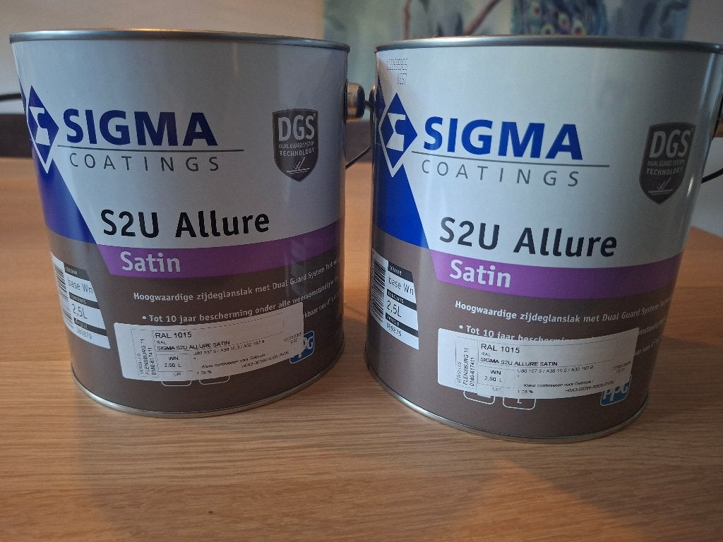 2 Nieuwe blikken Sigma S2U Allure Satin RAL 1015, Ophalen, 5 tot 10 liter, Beige, Nieuw