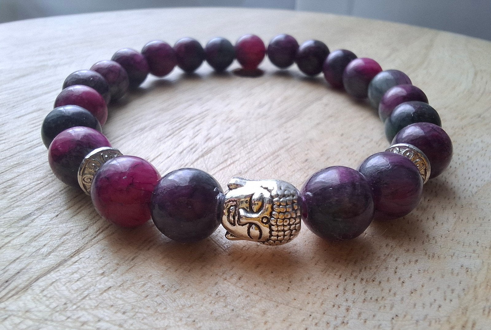 Armband buddha 8 mm toermalijn kralen zilver paars boeddha, -, -, Nieuw, Ophalen of Verzenden