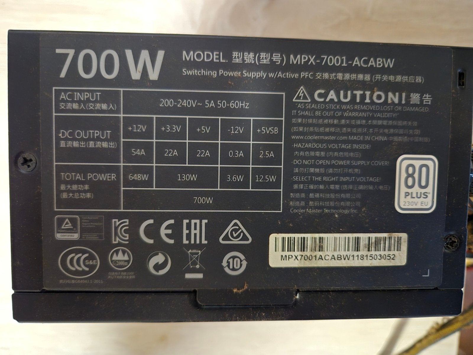 Gebruikte Cooler Master MasterWatt Lite 700W PC voeding, Ophalen of Verzenden, Gebruikt