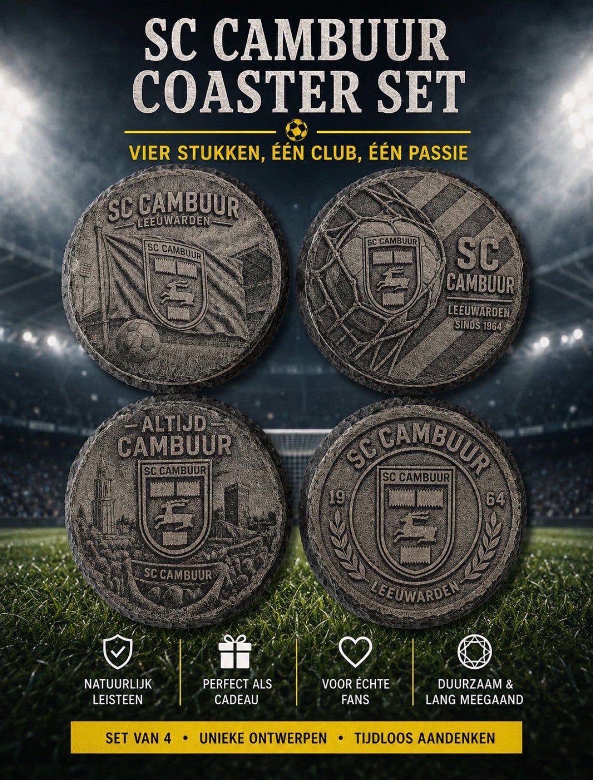 SC Cambuur Leisteen onderzetter set, nieuw!, Verzenden, Steen/keramiek, Glasonderzetter, LeukHoor