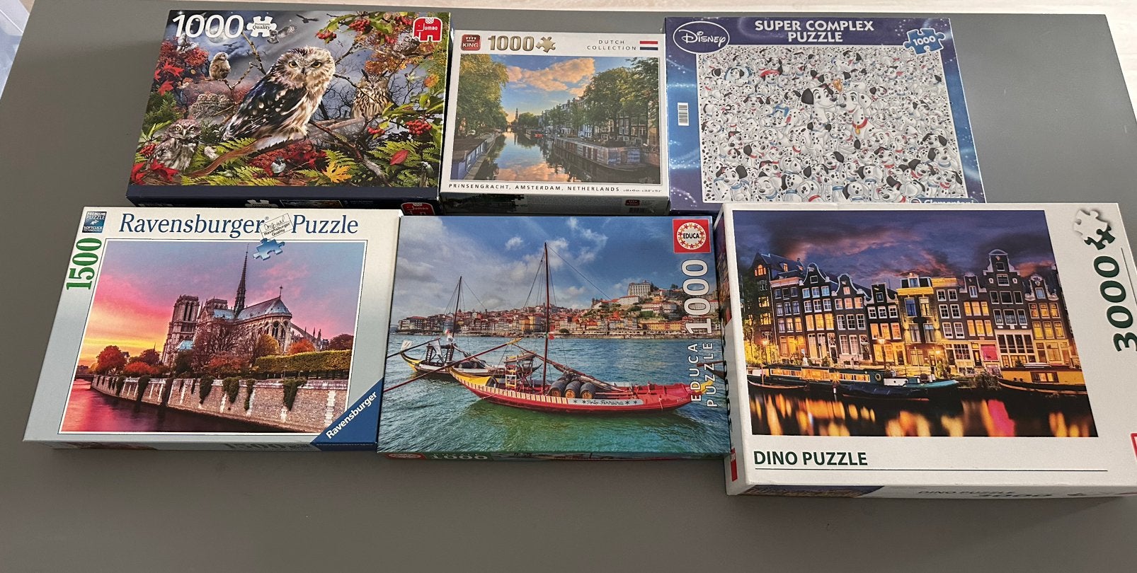6 puzzels (4x 1000, 1x 1500, 1x 3000), Ophalen, 500 t/m 1500 stukjes, Zo goed als nieuw, Legpuzzel