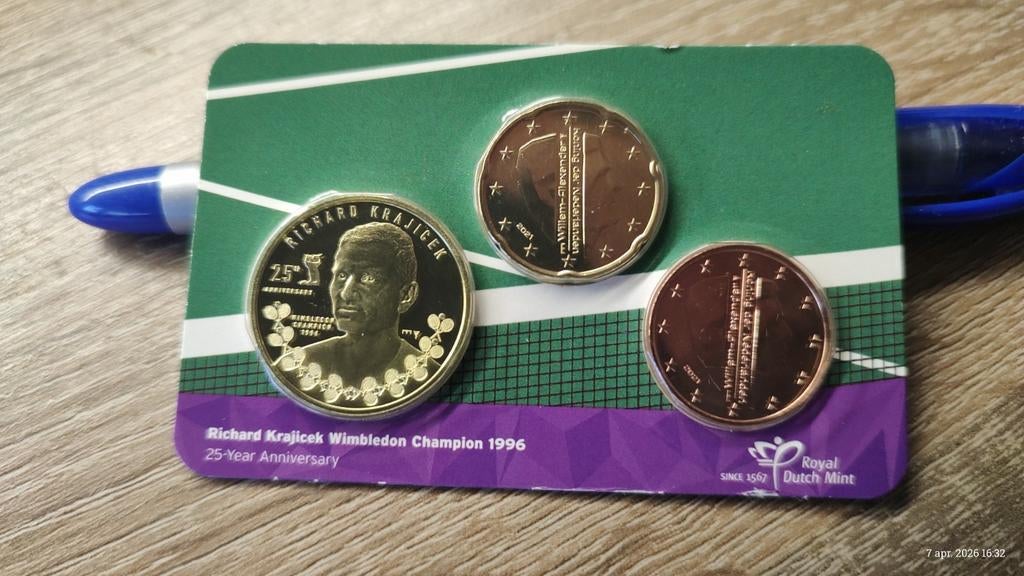 Richard Krajicek Wimbledon 1996 25-jarig jubileum muntset, Postzegels en Munten, Ophalen of Verzenden, Koningin Beatrix, Euro's