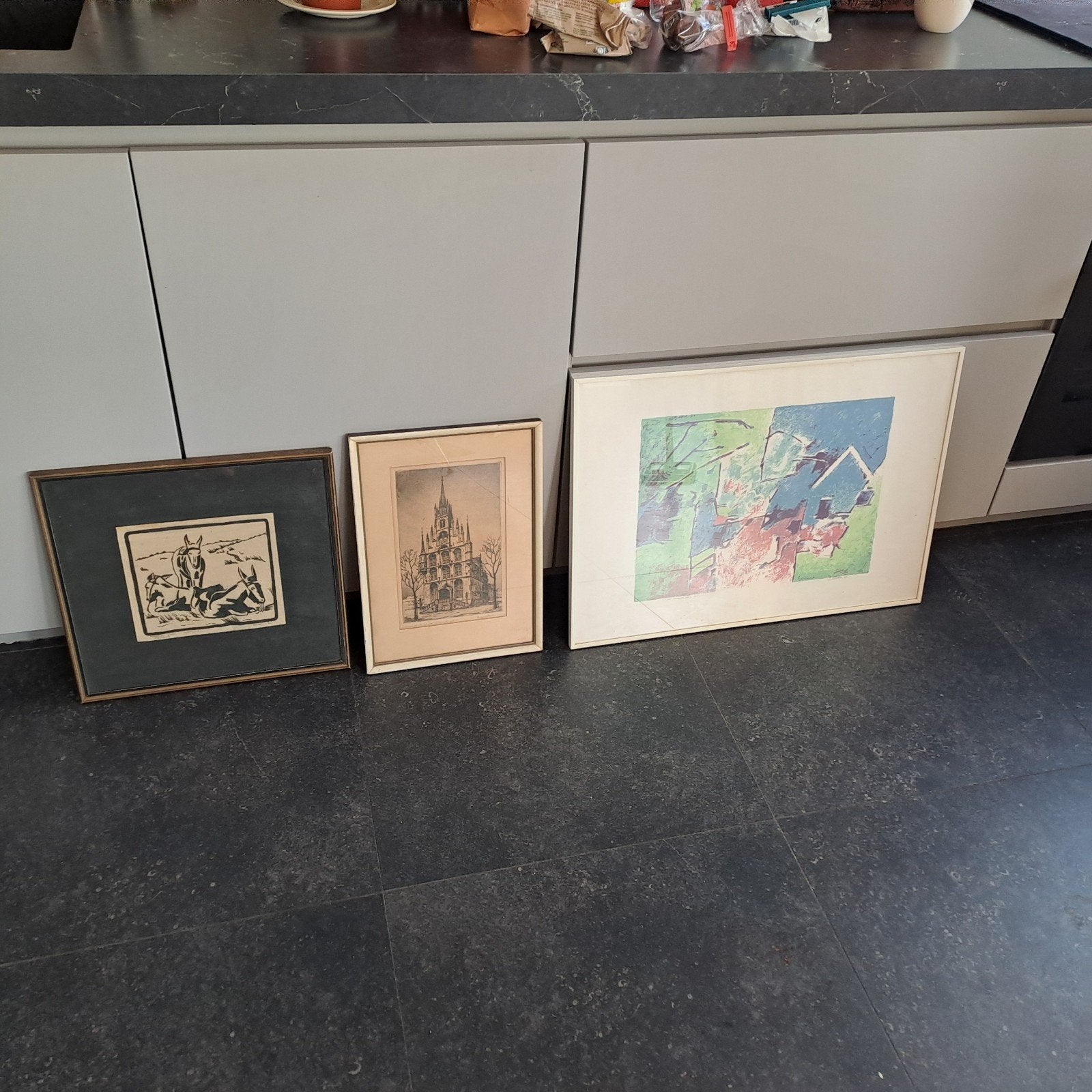 3x lijst 2 tekeningen en een ets, Antiek en Kunst, Kunst | Etsen en Gravures, Ophalen