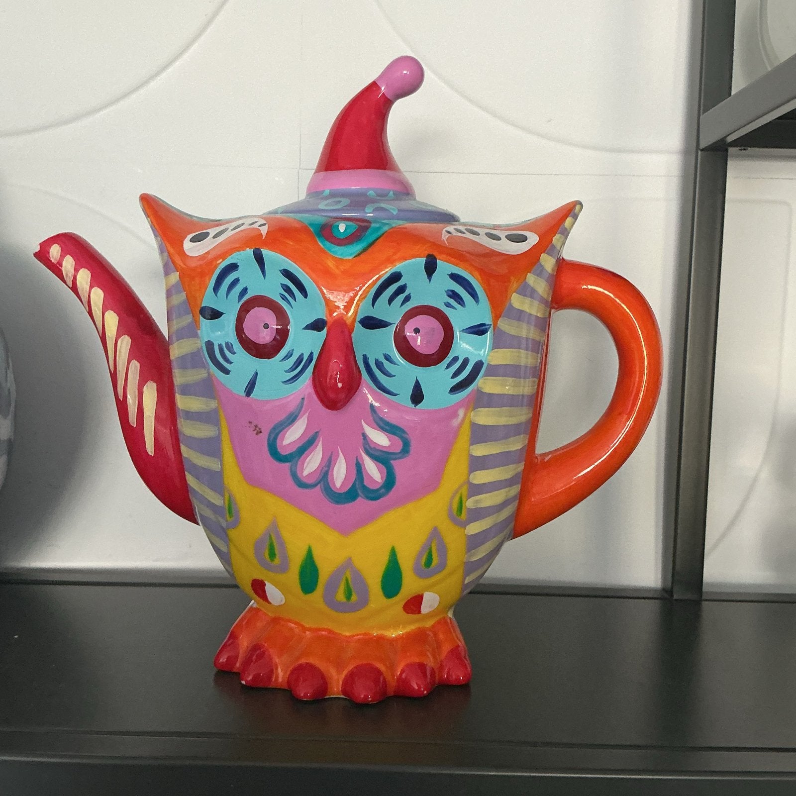 Kleurrijke Uil Theepot - Handgeschilderd Keramiek, Antiek en Kunst, Ophalen