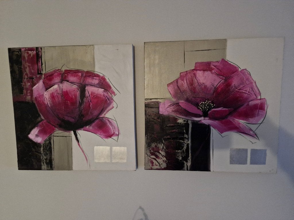 Schilderij 2x olieverf paarse bloem 58x58cm, 50 – 75, Ophalen of Verzenden, Zo goed als nieuw, Schilderij