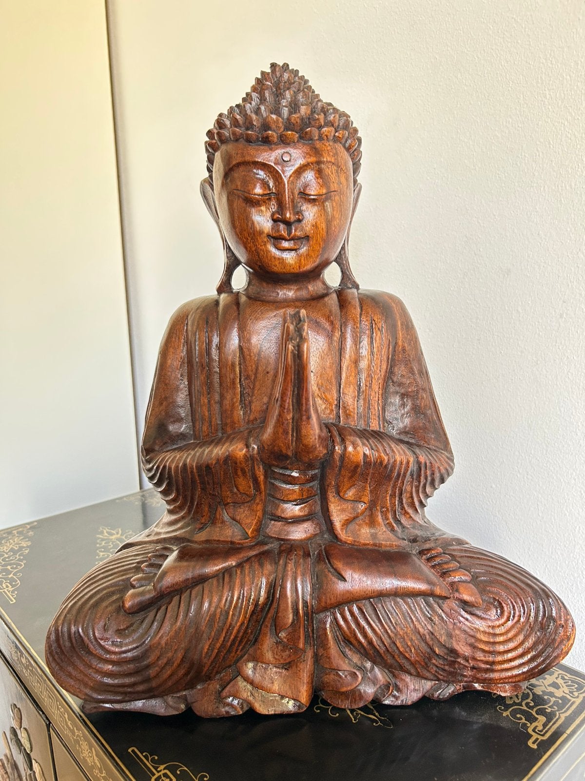 Houten Boeddha in Anjali Mudra, Ophalen of Verzenden, Zo goed als nieuw