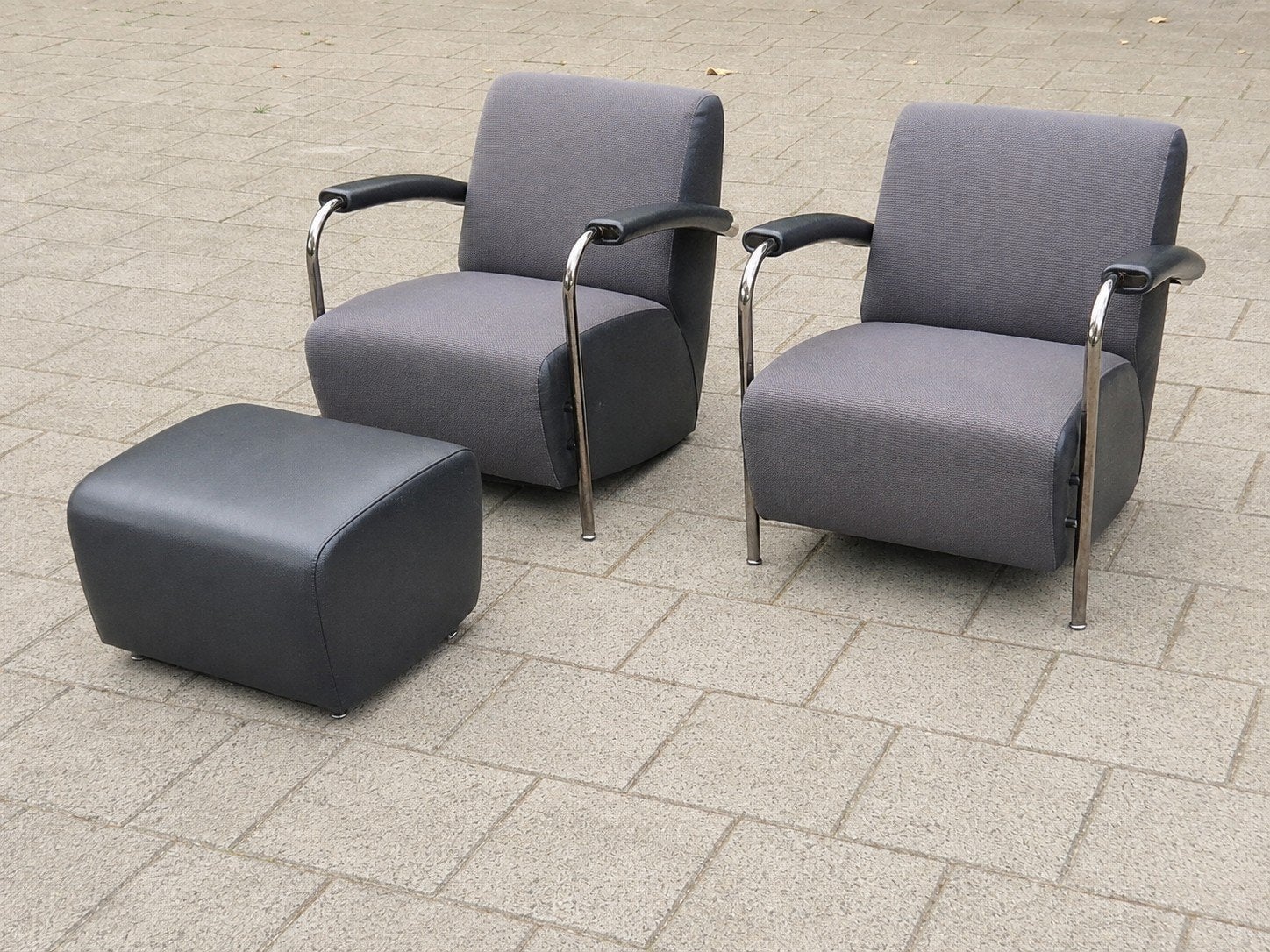 Leolux Scylla design fauteuils hocker zwart grijs stof leer, Twee, Zwart, Ophalen of Verzenden, Zo goed als nieuw