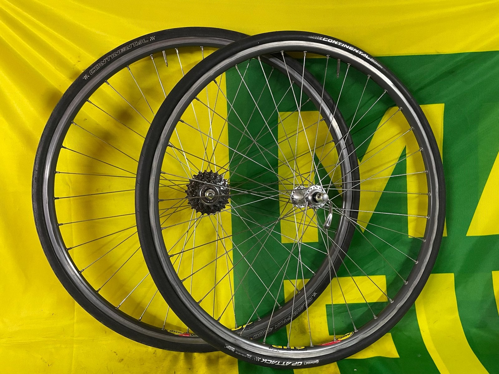 Campagnolo 9sp Mavic Open SUP wielen Continental banden, Wiel, Gebruikt, Verzenden, Aluminium