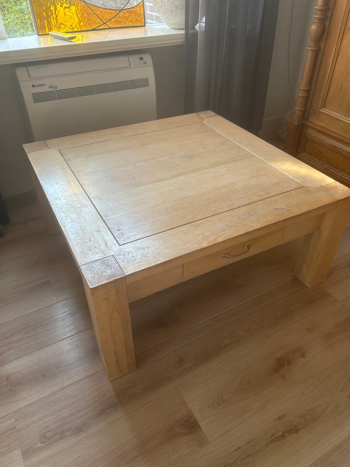 Mooie zware beuken salon tafel met lade (100x100cm), Ophalen, Gebruikt, 100 tot 150 cm, Vierkant