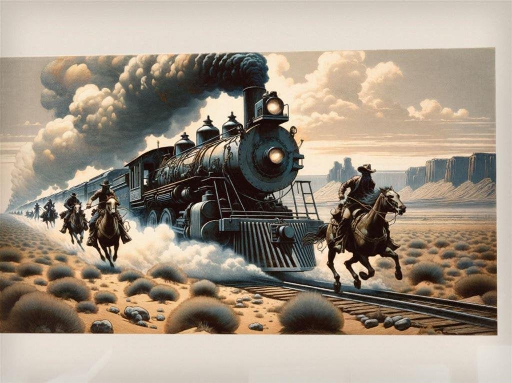 [Poster in Frame] Cowboy Stoomtrein Wilde Westen Western Art, Verzenden, Nieuw, A1 t/m A3, Film en Tv
