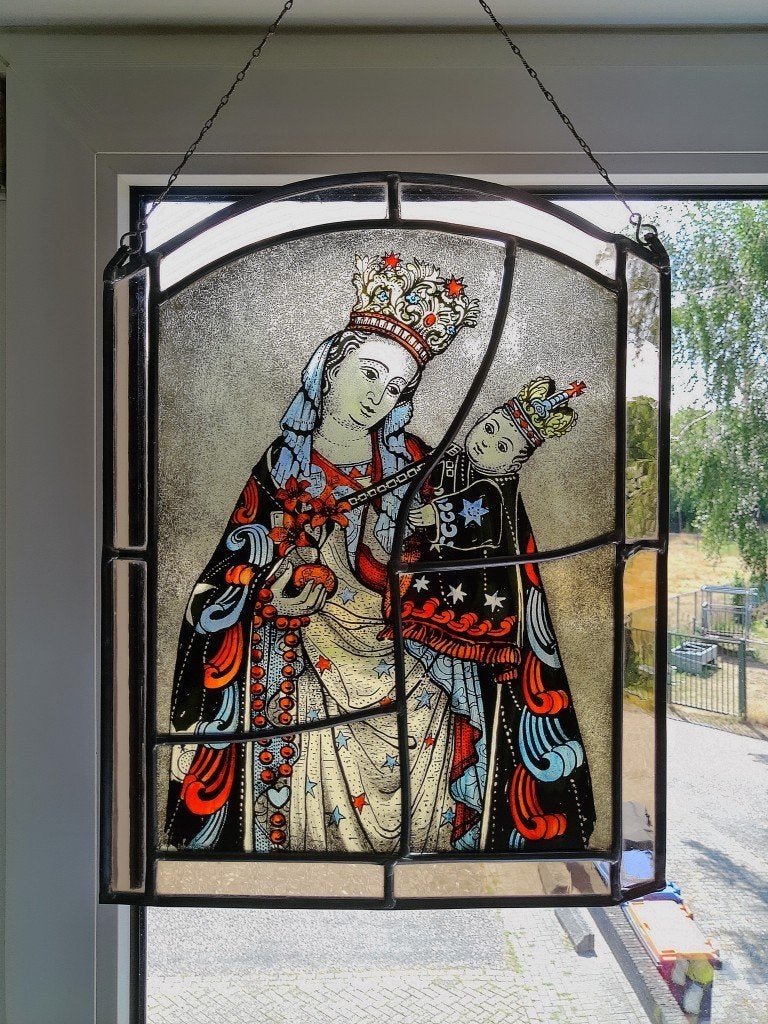 Antiek glas in lood Heilige Maria Sterre der Zee 32x43cm, Ophalen of Verzenden