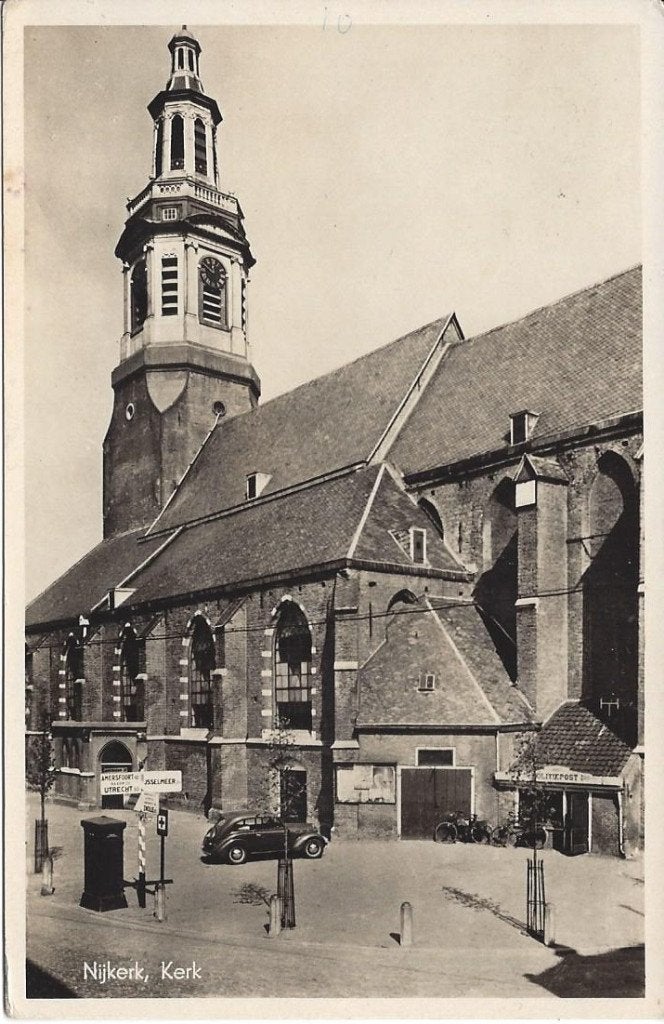 Nijkerk (Gld.) Kerk, Auto, gelopen 1950, Ophalen of Verzenden, 1940 tot 1960, Gelopen, Gelderland