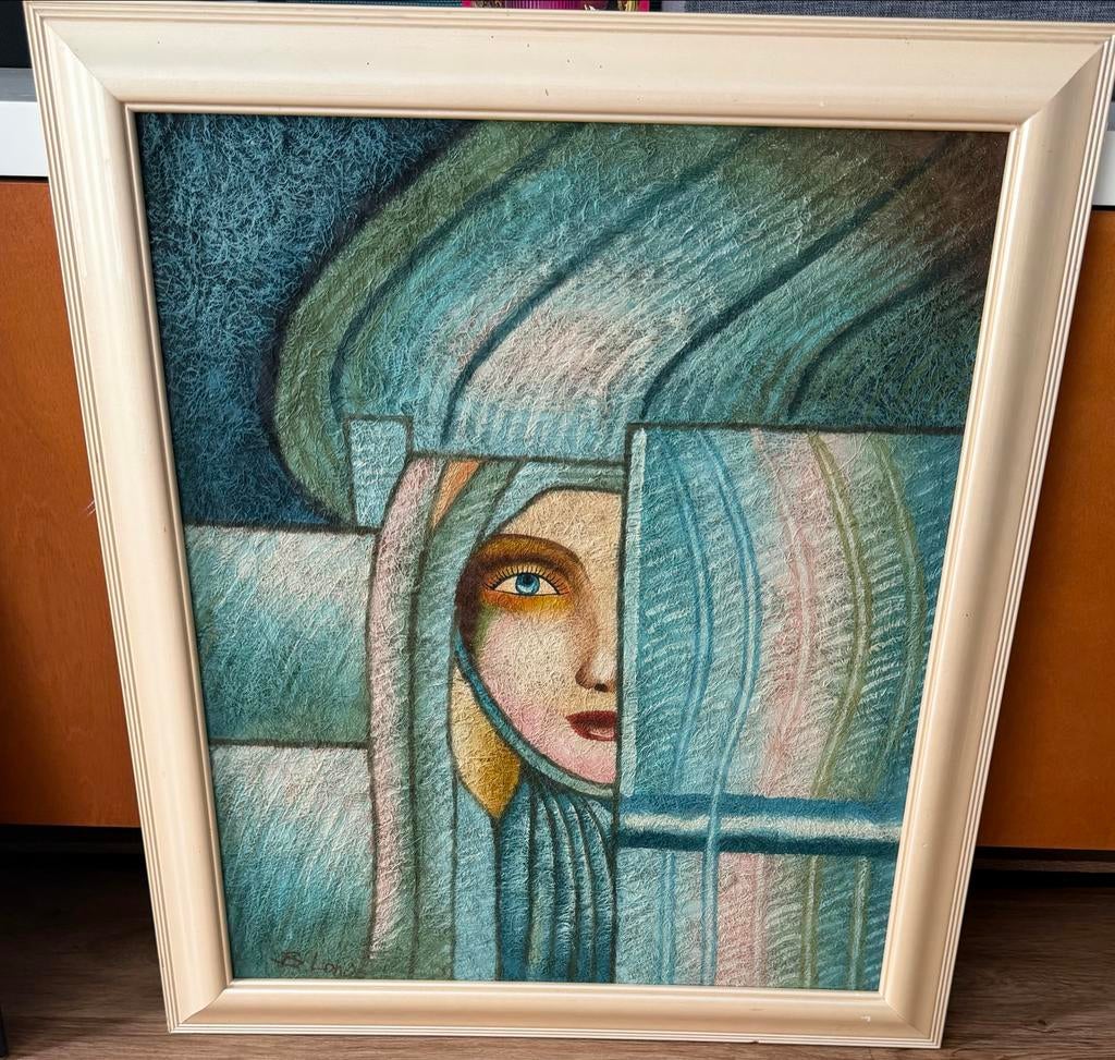 Abstract portret geschilderd op cocos door B. Long, Antiek en Kunst, Kunst | Schilderijen | Modern, Ophalen of Verzenden