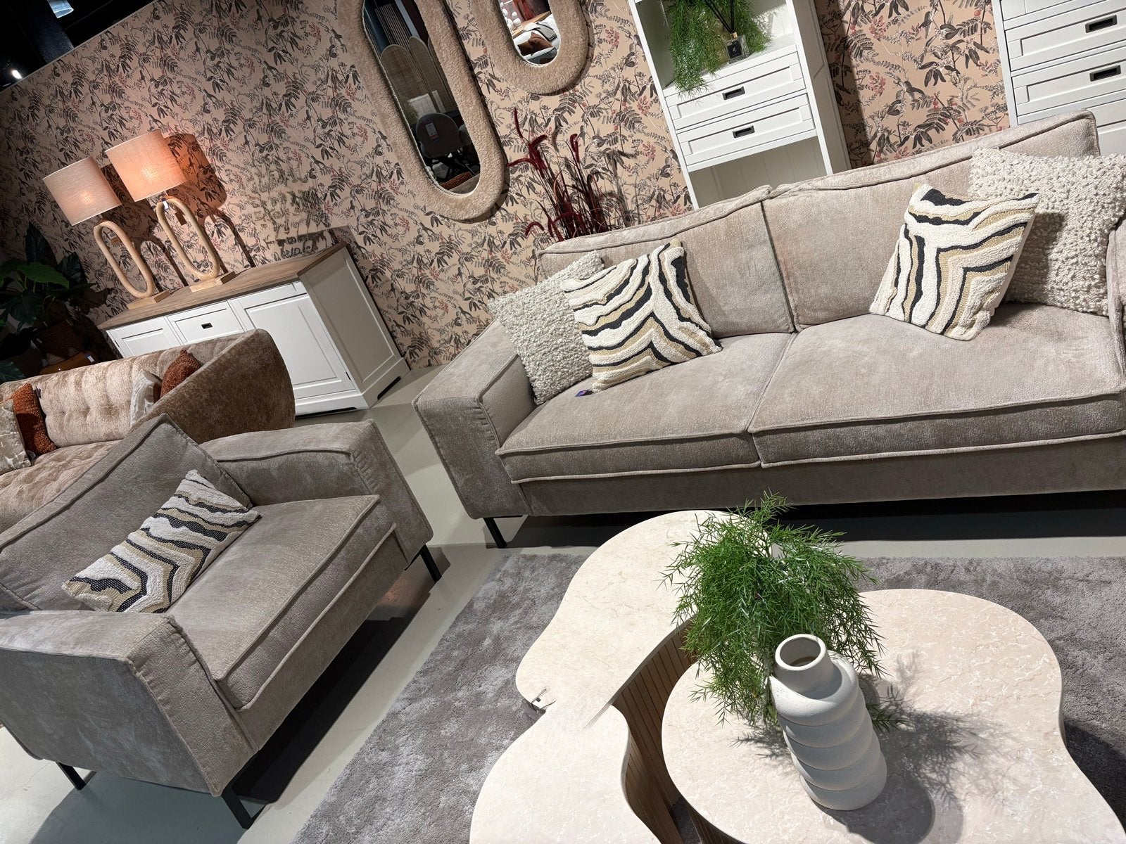 Showmodel bank en fauteuil set crème, Ophalen, 300 cm of meer, 75 tot 100 cm, Zo goed als nieuw