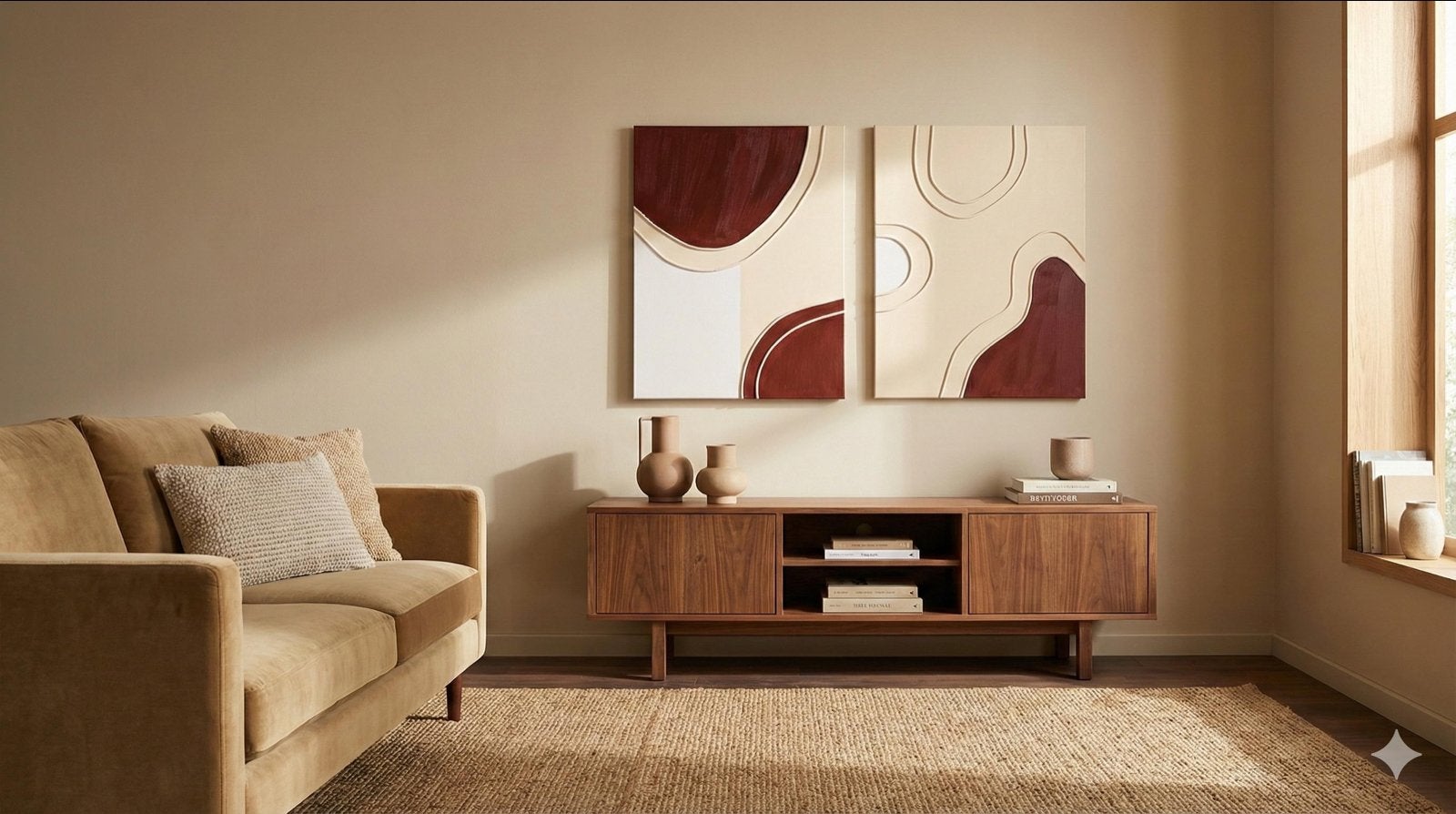 Set van 2 abstracte kunstwerken - Brique & Crème, Ophalen of Verzenden