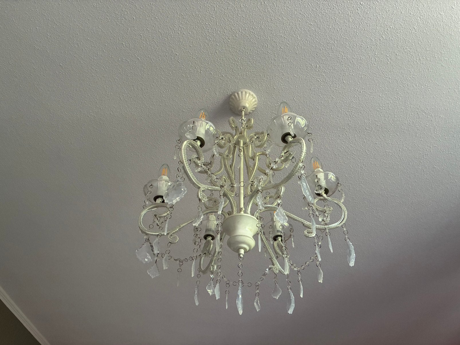 Kroonluchter, wit, 6 lichtpunten, Ophalen, Gebruikt, Barok, E14 (klein)