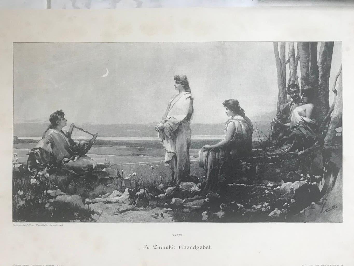 Fr. Zmurki: Abendgebet, 1896, or. gravure, 35x19cm., mooi!, Origineel, Dagelijks leven, 1800 - 1899, Ophalen of Verzenden