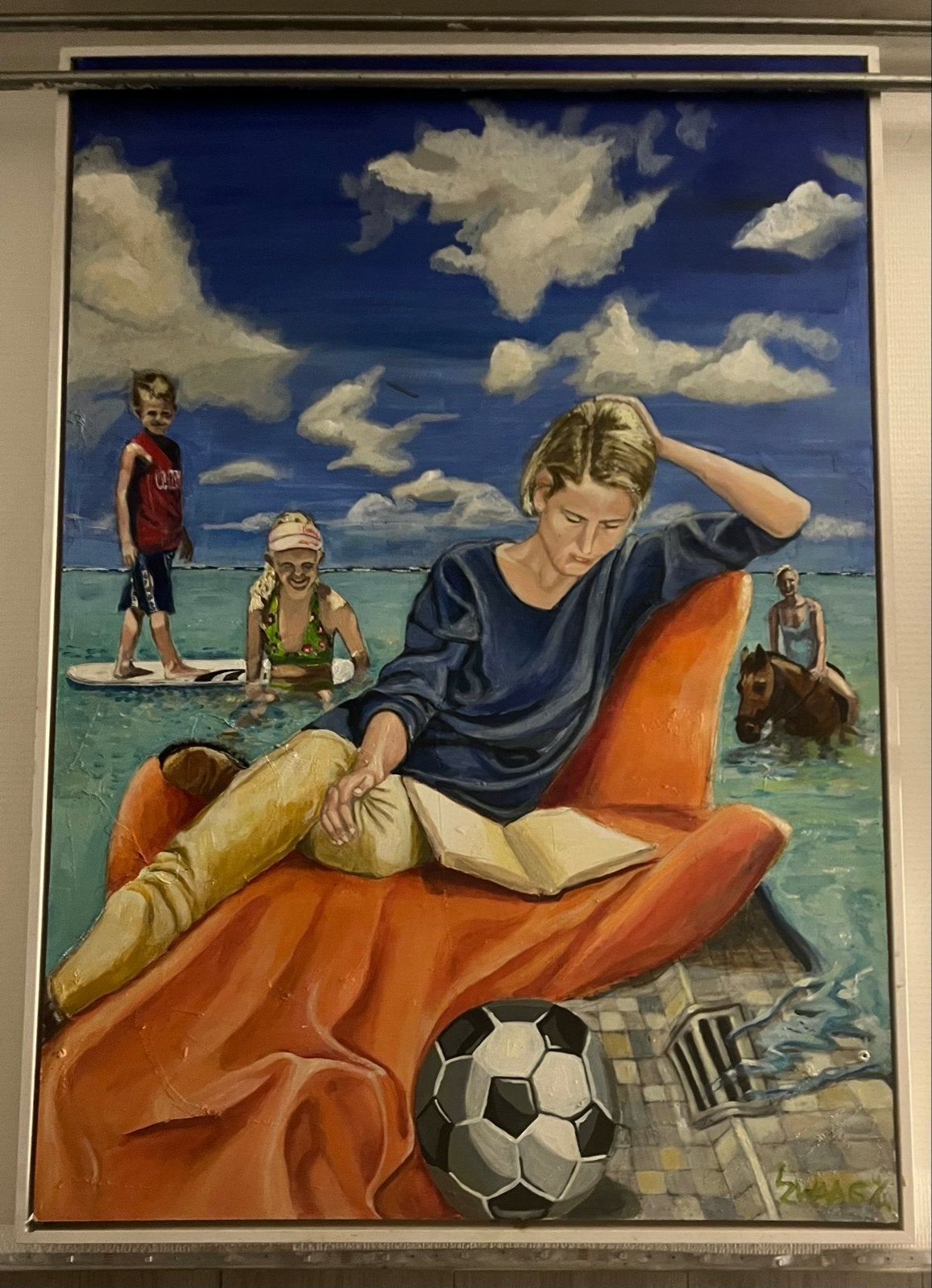 Modern schilderij ingelijst, Olieverf, Zomerse droom aan zee, Ophalen, Doek, Portret of Personen, Realistisch