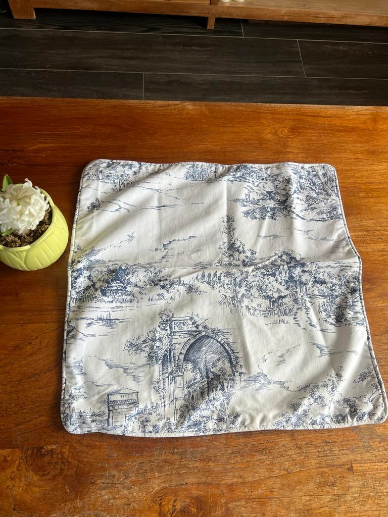 Katoenen Toile de Jouy kussensloop, Ophalen of Verzenden, Gebruikt, Blauw, Rechthoekig