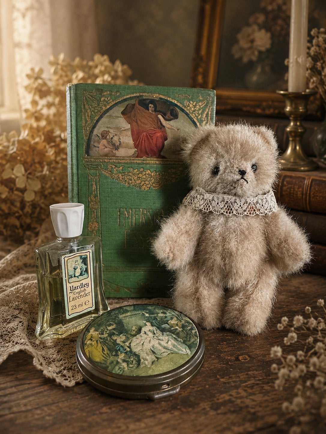 Vintage spulletjes parfum, poeder, boek oud vintage beertje, Antiek en Kunst, Verzenden
