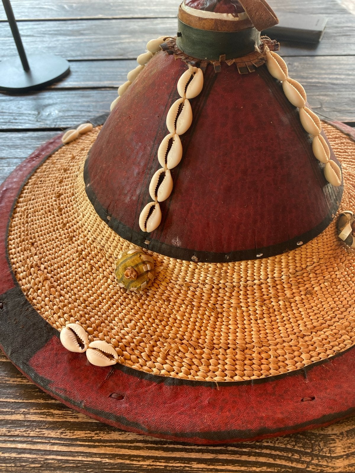 Unieke Afrikaanse Fulani Stro Hoed met Schelpen en Leer, Ophalen of Verzenden