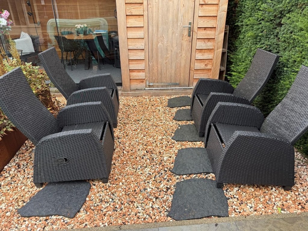 Jutlandia JYSK tuinstoelen, 4 stuks met kussens, als nieuw., Ophalen, Zo goed als nieuw, Kunststof, Verstelbaar