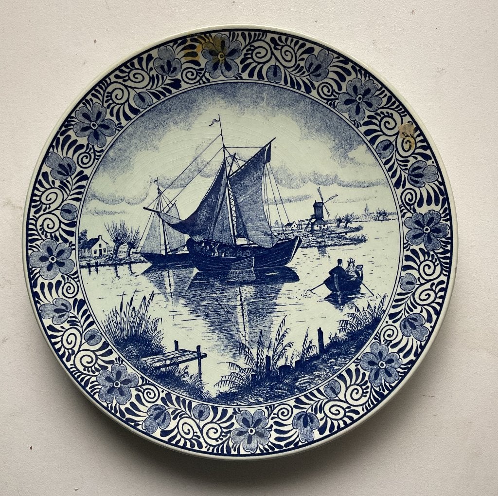 Delfts blauw wandbord, afbeelding van Polderlandschap., Ophalen