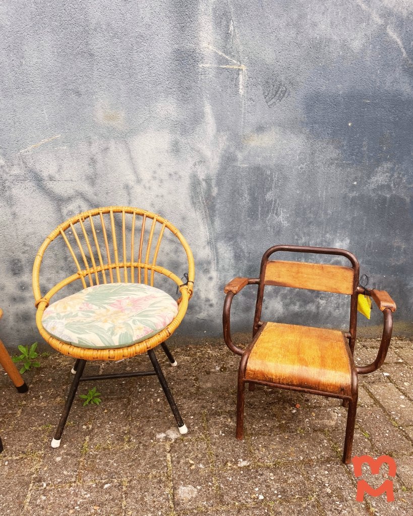 Vintage bamboe/rotan kinderstoeltje (links), Gebruikt, Bruin, Riet of Rotan, Ophalen of Verzenden