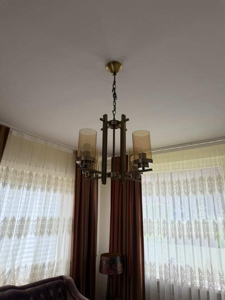 2 stijlvolle hanglampen – brons/messing met glas, Ophalen, Zo goed als nieuw, Glas