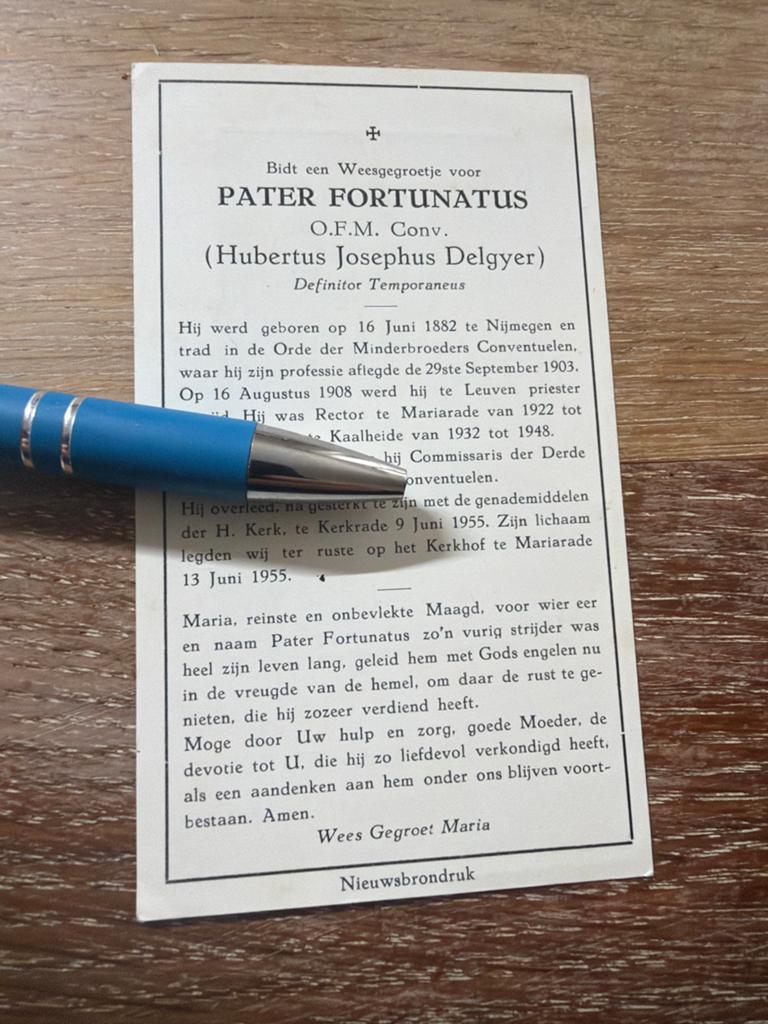 Delgyer Hubertus 1882 Nijmegen 1955 Kerkrade p Fortunatus, Verzamelen, Bidprentjes en Rouwkaarten, Bidprentje, Ophalen of Verzenden