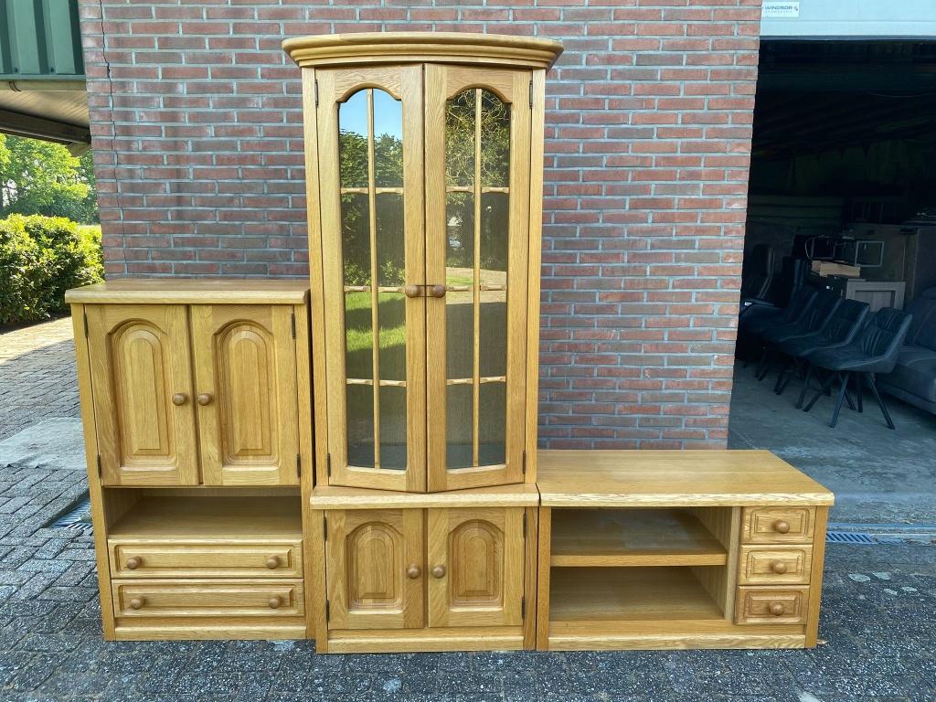 Blank eiken wandmeubel / wandkast 5 delige kasten met glas, Huis en Inrichting, Kasten | Wandmeubels, Gebruikt, 200 cm of meer
