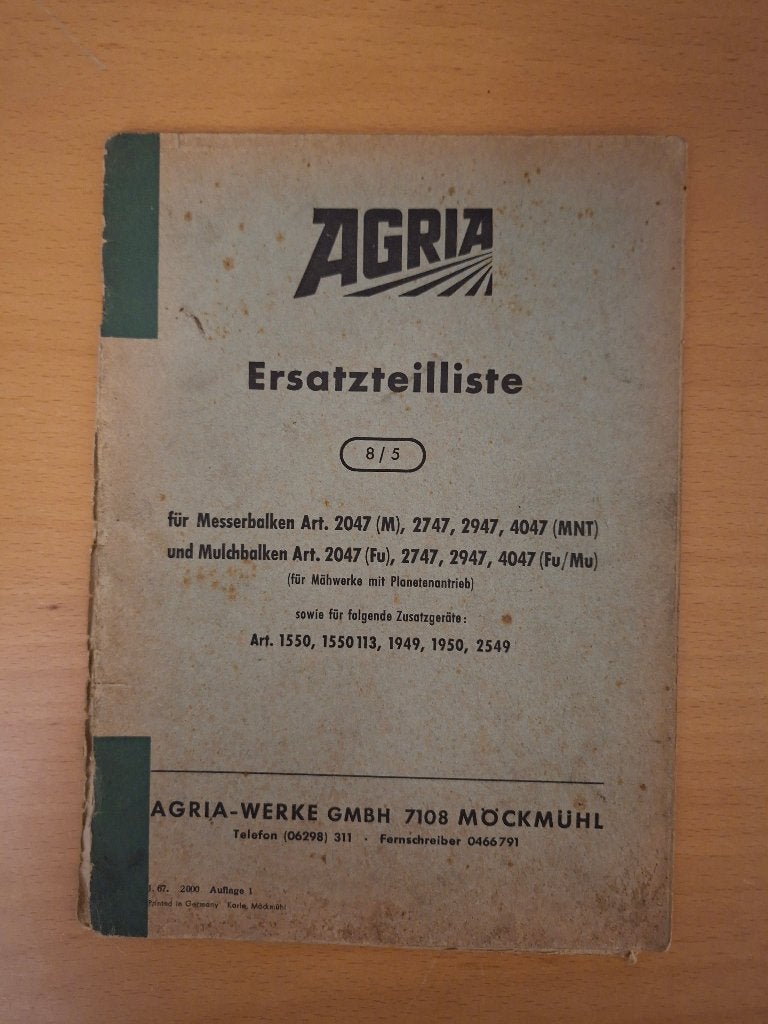 Onderdelenboek Agria maaibalk 2047, 2747, 2947 en 4047, Ophalen of Verzenden, Gelezen, Tractor en Landbouw