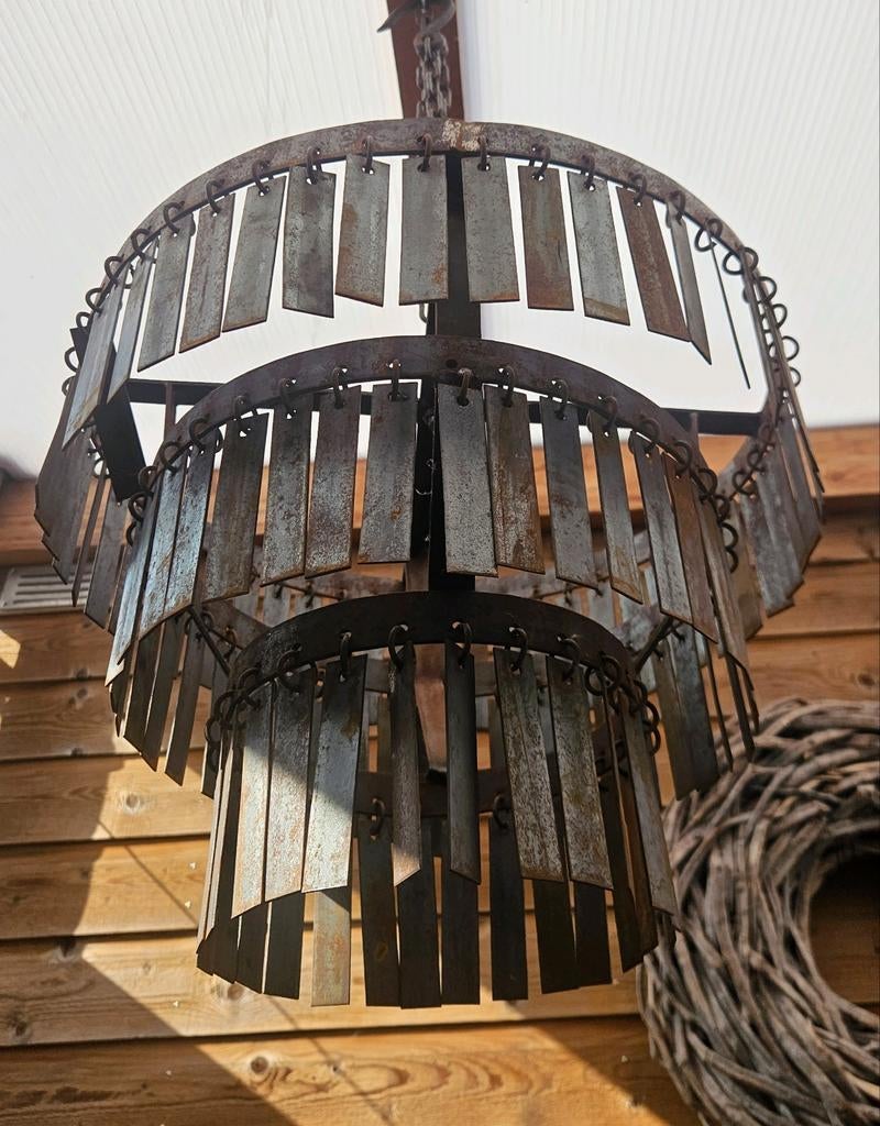 Metalen schijfjeslamp hanglamp - Industriële stijl, Ophalen, 50 tot 75 cm, Metaal, Industrieel, Landelijk, Vintage