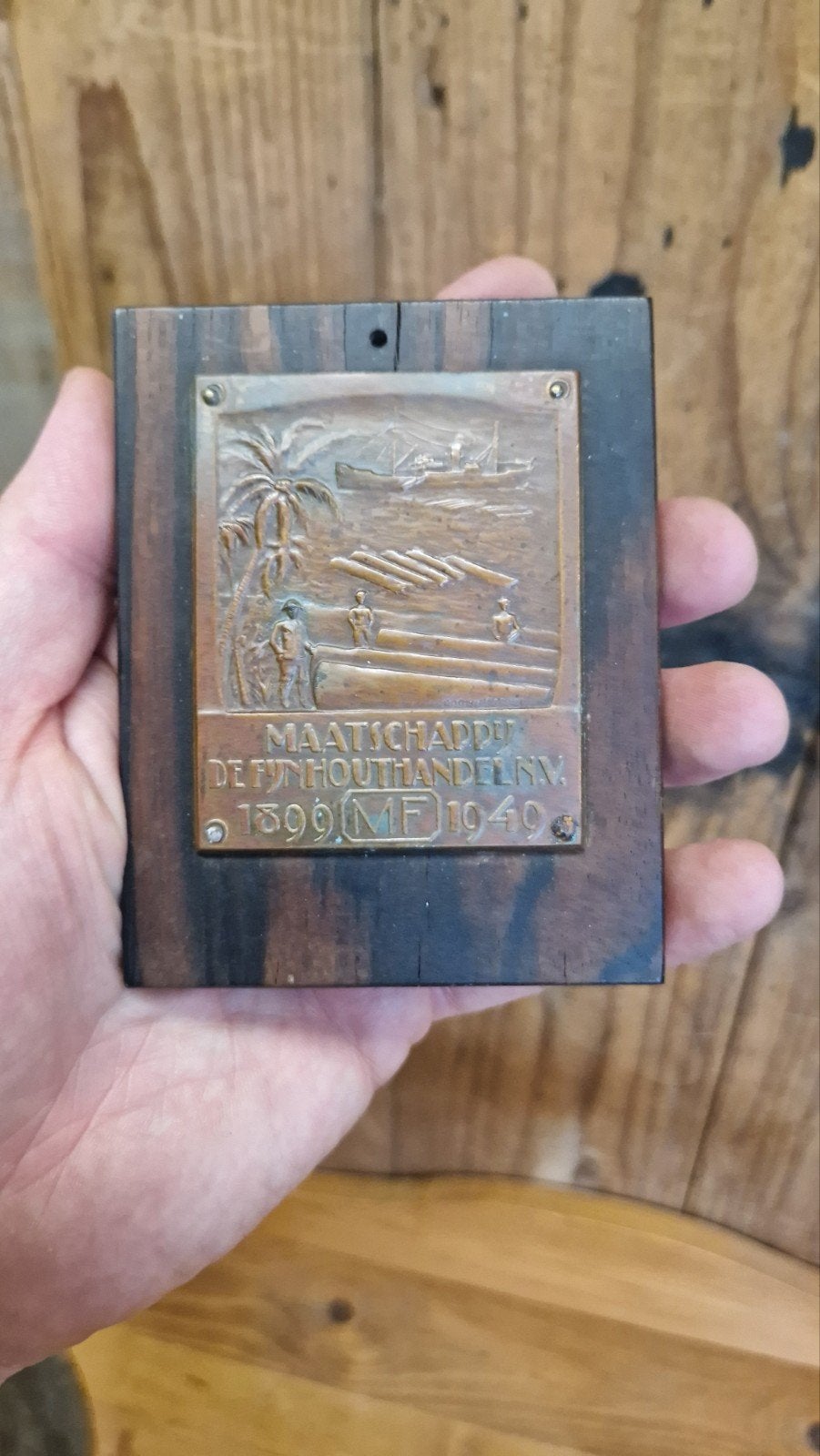 Plaquette maatschappij de Fijnhouthandel N.V., Ophalen of Verzenden, Brons
