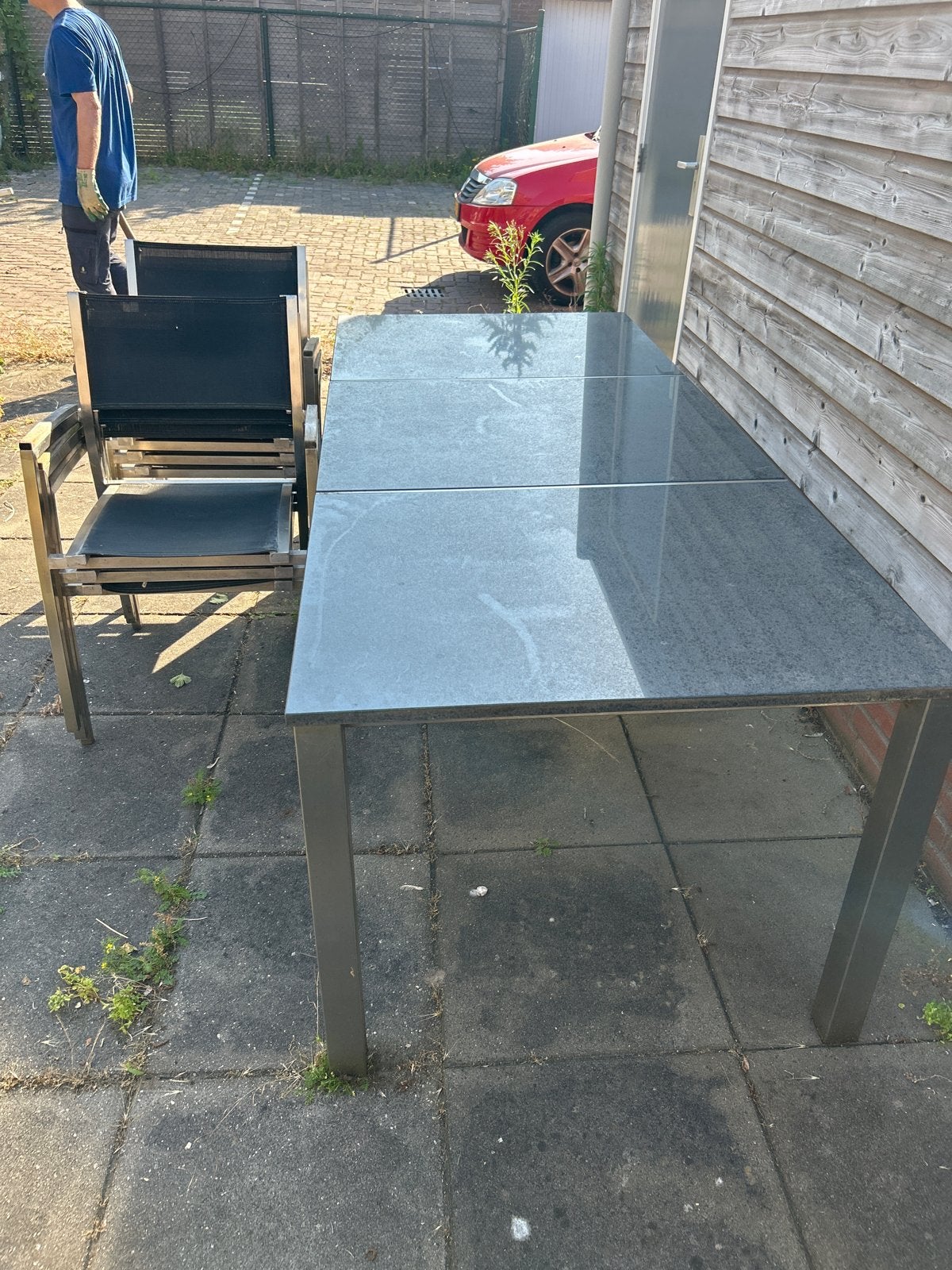 Aluminium tuintafel met granieten blad en 6 stoelen, Ophalen, Gebruikt, Rechthoekig, Aluminium