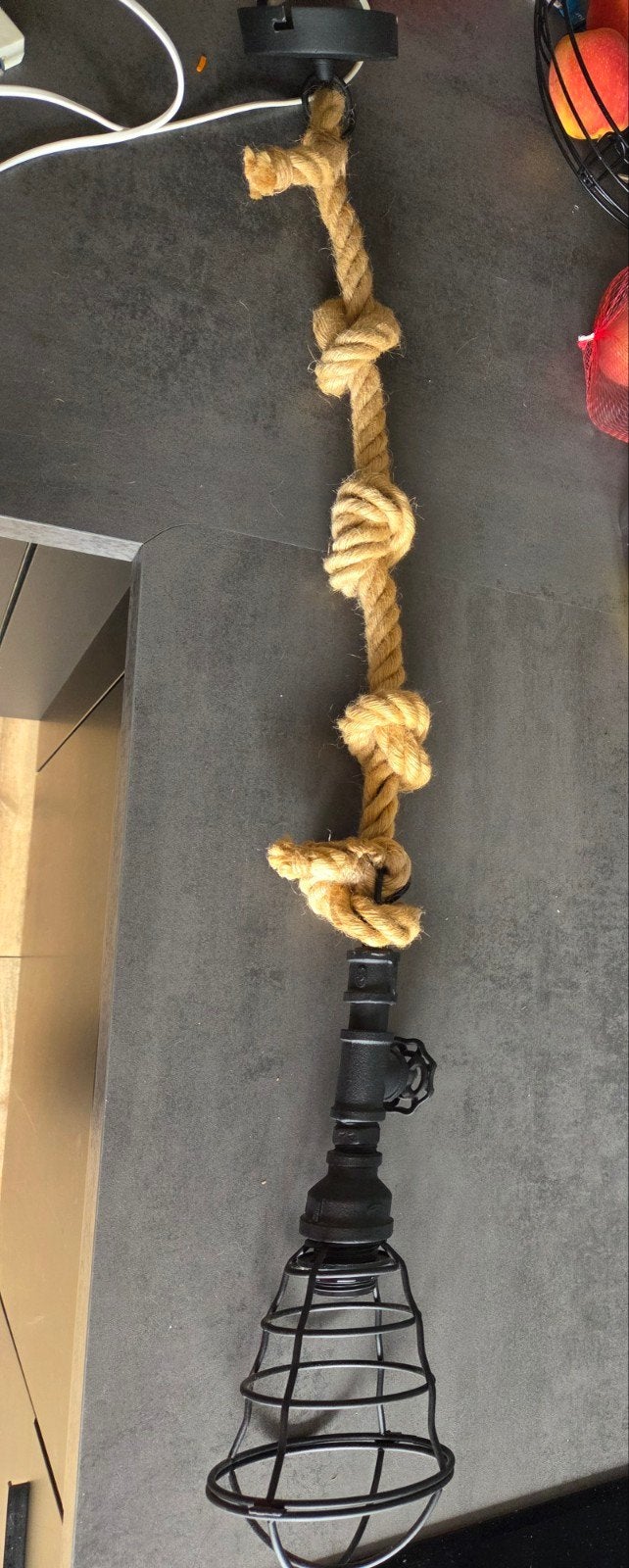 Industriële hanglamp met touw en metalen kooi, Ophalen, Minder dan 50 cm, 100 tot 150 cm, Overige materialen