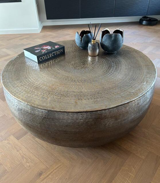 Getrommelde messing salontafel, Ophalen, 100 tot 150 cm, 50 tot 100 cm, Zo goed als nieuw