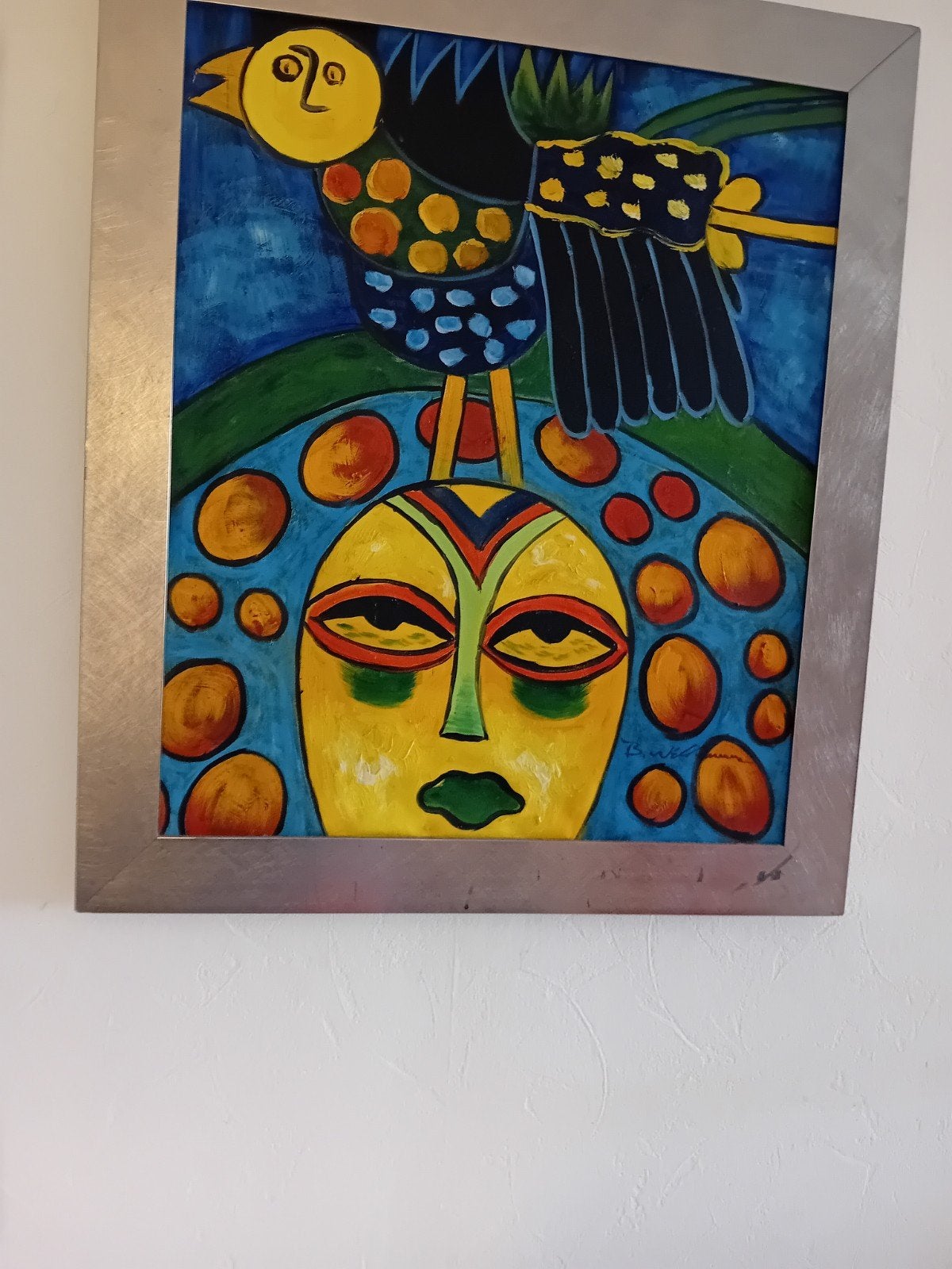 Modern Schilderij: Vrouw met Vogel en Abstracte Patronen, Ophalen of Verzenden