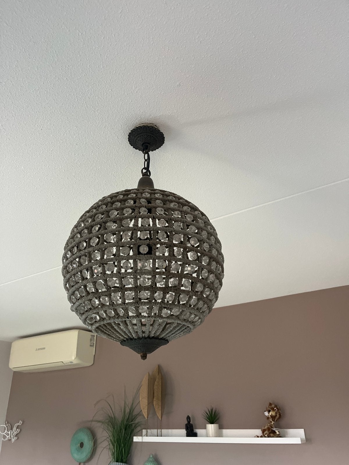 Prachtige bolvormige hanglamp met kristallen 2x, Ophalen, Zo goed als nieuw, Glas, E27 (groot)