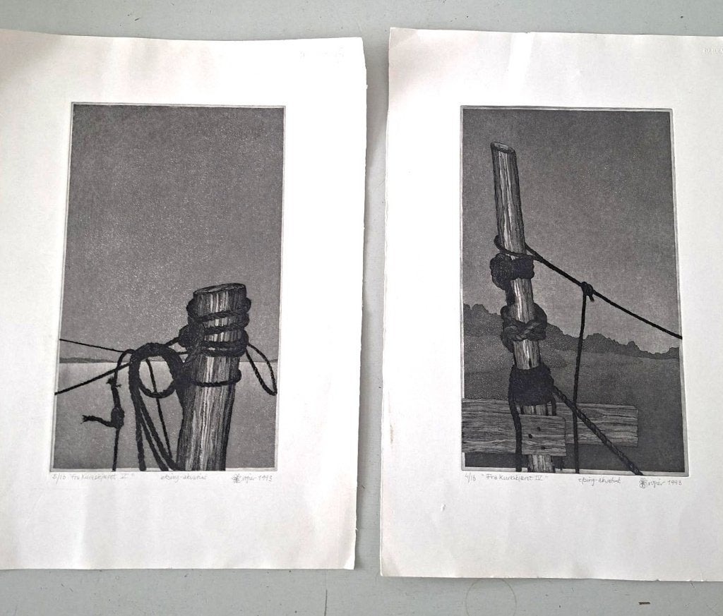 2 etsen ets kunstwerk aquatint Rogier van Grieken 1993, 35 cm, Genummerd, 1950 - 1999, Ets